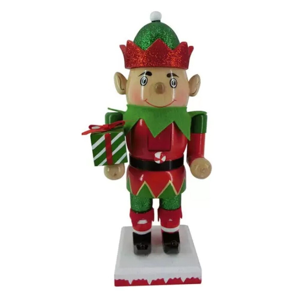 Wooden Christmas Nutcracker,9", WHITE ELF IN GREEN & RED WITH CHRISTMAS GIFT,P&T